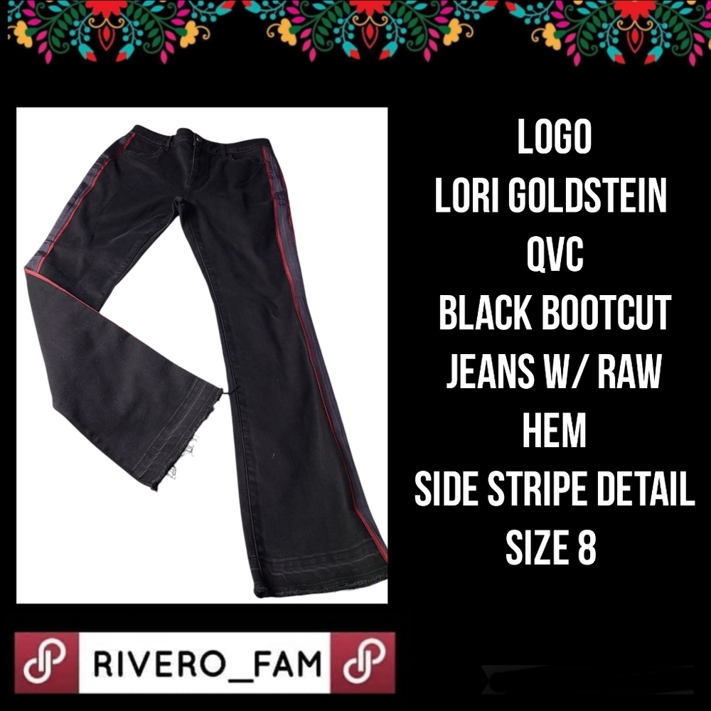 LOGO | LORI GOLDSTEIN |BLK BOOTCUT JEANS W/ RAW HEM | SIDE STRIPE DETAIL |SIZE M